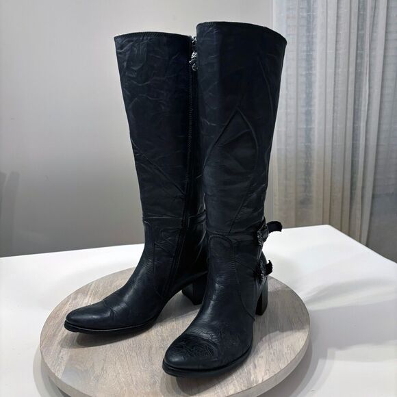 Mark Nason Siren Women's Tall Black Leather Embossed Riding‎ Boots US Size 5 - Picture 4 of 13